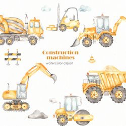 construction machines watercolor clipart. concrete truck, bulldozer, forklift, grader, road roller, crane truck