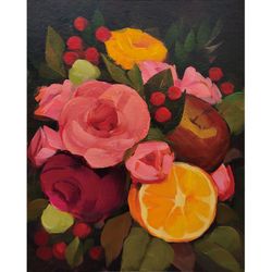 Original painting Flowers and fruits on a dark background