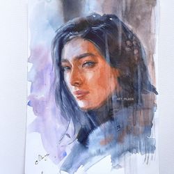 Purple red watercolor painting Woman portrait Wall art decor Female painting