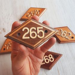Wooden address door number plate 265 - vintage rhomb apt number sign USSR