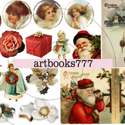 Winter set of stickers, fussy paper cuts, Santa Claus, vintage, christmas, tree, angel, toy, rose