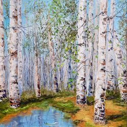 Landscape with birch trees, Original painting on canvas, Forest in spring birch, aspen, summer landscape painting