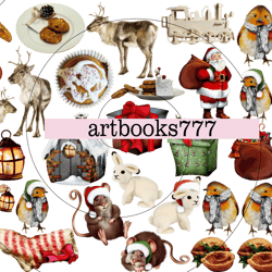 winter sticker set, fussy paper cut, vintage, christmas, santa claus, cookie, reindeer, titmouse, hare, house, gift