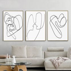 abstract couple one line art set of 3 prints digital download minimalist print line drawing love wall art black white