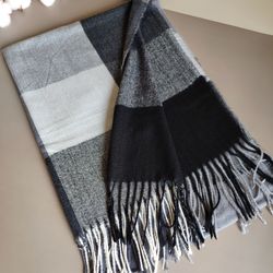 Long black white scarf, warm unisex scarf