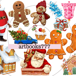 Ephemera, winter, fussy clipping, christmas, Santa Claus, cookies, car, bell