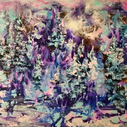 Moon Forest Winter Oil Painting Art Original Canvas Christmas Artist Svinar Oksana