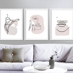women line art set of 3 prints woman line drawing pink wall art minimalist poster instant download living room decor