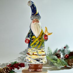 Russian hand carved Santa, Santa Claus in a moon cap, Collectable Russian Santa, Santa carved