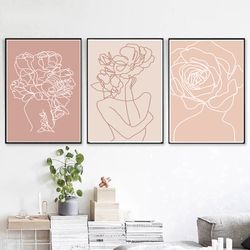Women Prints Line Art Woman Flowers Line Drawing Pink Wall Art Woman Poster Set of 3 Prints Living Room Decor Face Art