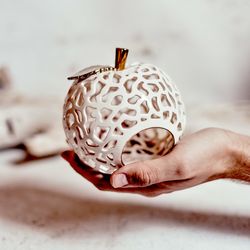 Apple figurine ceramic tea light holder with gold leaf - Christmas gift or safari theme birthday decor