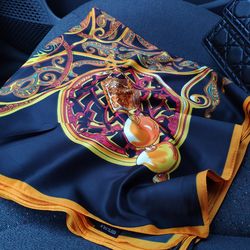 Large black silk scarf with gold pattern