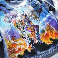 fabric painted clothes, Hand painted womens denim jacket, unique designer art jean jacket vampire story, custom clothing