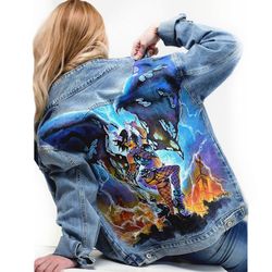 Fabric painted clothes, Hand painted womens denim jacket, unique designer art jean jacket vampire story, custom clothing