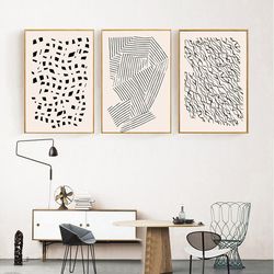 Large Wall Art Set of 3 Posters Abstract Line Print Beige Black Art Abstract Digital Geometric Art Minimalist Artwork