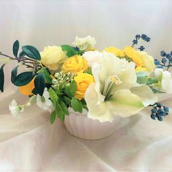 artificial flowers arrangement,  winter floral centerpiece, faux flowers arrangement in bowl, table decor with lemons