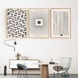 geometric print beige black art abstract line art large artwork digital prints minimalist poster set of 3 wall art