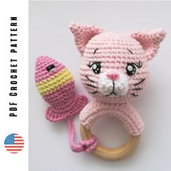 Crochet cat rattle pattern, amigurumi cat and fish teething ring, digital PDF baby toy pattern by CrochetToysForKids