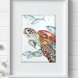 Sea Turtle Watercolor Wall Decor  7.5"x10.6" art fish painting by Anne Gorywine