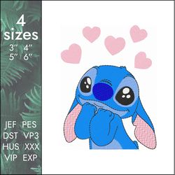 Stitch Embroidery Design, cute baby cartoon monster with love hearts, 4 sizes, Instant Download