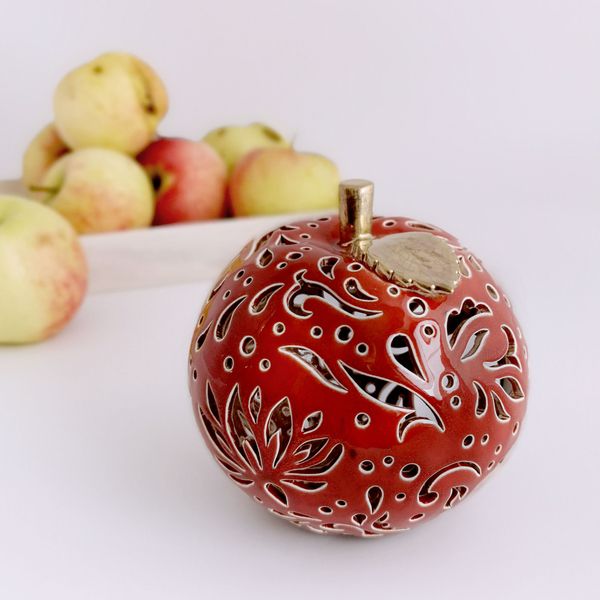 Fall Centerpiece Carved Clay Apple Candle Holder or Tealight Lantern for your Fall Candles. Christmas mantel mantle decor fireplace gift Red White Ivory Green w