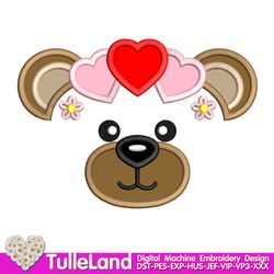 Valentine Bear Face with heart Design applique for Machine Embroidery