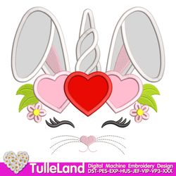 Bunny Unicorn Horn Valentines Day Design applique for Machine Embroidery