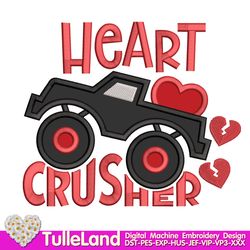 Heart Crusher Truck Valentines Day Design applique for Machine Embroidery