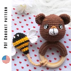 Crochet bear rattle pattern, amigurumi bear and honey bee teething ring, PDF baby toy pattern by CrochetToysForKids