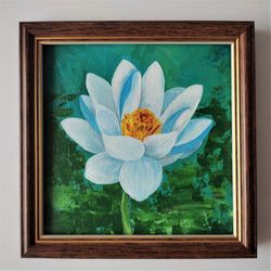Lotus Painting Water Lily Original Painting Impasto Lotus Art Wall Decor Painting White Lotus Tiny Painting Artwork