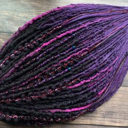 Textured DE dreadlocks full set, ombre black to purple fuchsia DE dreads, dreadlock extension bohemian style 20-22 inch