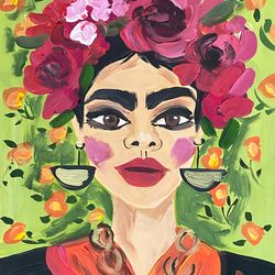 Frida Kahlo paintinWoman portrait Original gouache painting on heavyweight paper Fauvism Famous artist Mexican art decor