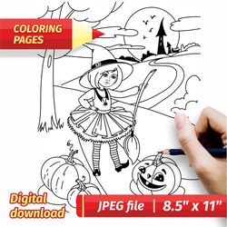 Halloween Coloring Page Sweet little witch Halloween Art Pumpkins Holiday Kids Coloring Digital page Instant Download