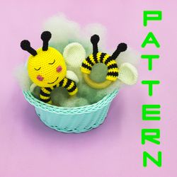 Bee baby rattle set of 2 patterns, amigurumi bee summer pattern, teething toy tutorial cute crochet teether ring pattern