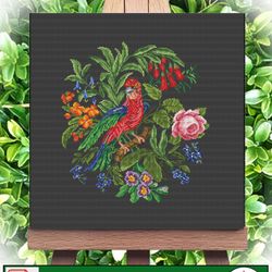 Embroidery scheme Beautiful bird/ Vintage Cross Stitch Scheme Flower Basket