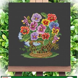 Embroidery scheme Basket with violetsd /  Vintage Cross Stitch Scheme Flower Basket