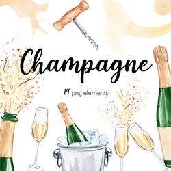 champagne watercolor clipart, glasses and bottles png files with design elements, corkscrew for alcohol drinks