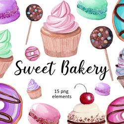 watercolor cupcakes and donuts clipart, desserts png