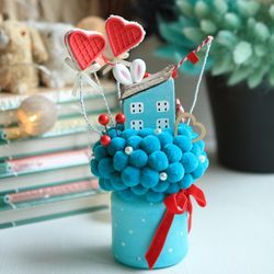 Wooden House for Lovers, driftwood Cottage, Clay Hearts, Valentine's Day gift, lovers gift, Mini wooden house