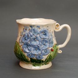 Flower mug Blue hydrangea Embossed decor mug Botanical ceramics Plant prints mug Beautiful green blue cup Handmade gift