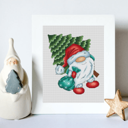 Gnome with Christmas tree cross stitch pattern PDF, gnome cross stitch, christmas gnome, christmas cross stitch