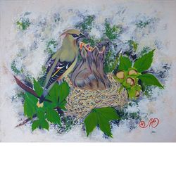 Waxwing Painting Bird Original Art Bird Nest Wall Art Animal Acrylic Painting