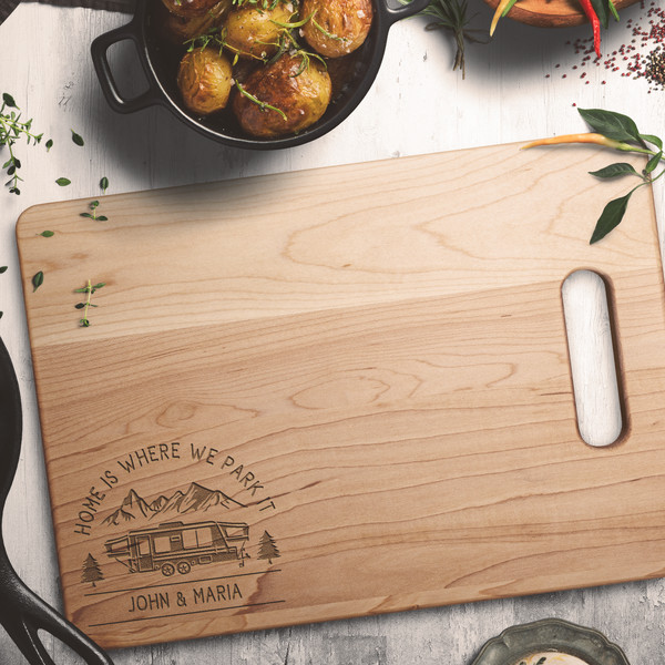 Home is where we park it, personalized camping cutting board
