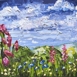 Summer Landscape Oil Painting Small Original Art Flower Field Impasto Wall art Art Work 4" by 4" by KArtYulia