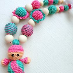 Teal Pink crochet teething necklace for newborn and mom