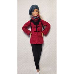 Outfit for Barbie doll. A coat, beret and scarf for a Barbie doll.