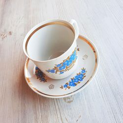 Soviet Verbliki tea pair porcelain - blue brown floral tea set single