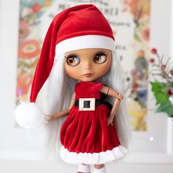 Santa costume cute outfit for Blythe doll, Icy doll, Pullip doll for Christmas, clothes for dolls BJD 1:6