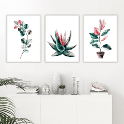 Set of 3 Prints, Wall Art Decor, Botanical poster Digital Download, Pink branches and leaves, Bedroom wall decor