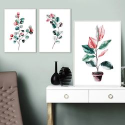 Set of 3 Pink Botanical Prints, Pink wall art, Watercolor Print, Watercolor decor living room, Watercolor botanical